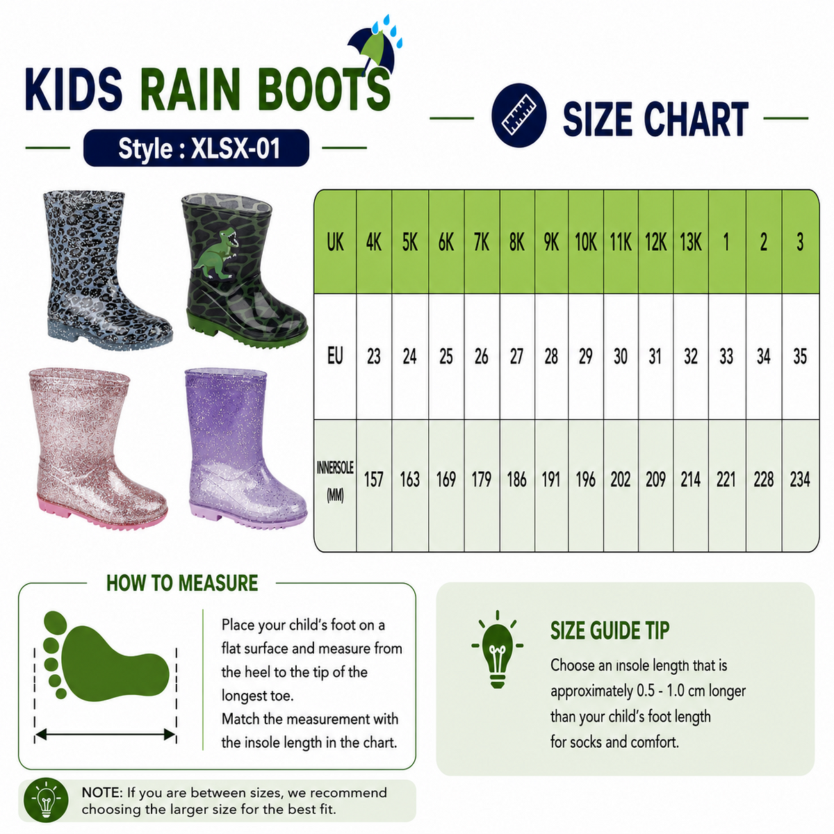 Kids Girls Anti-Skid Waterproof Rubber Wellies Lightweight Kids Wellington Boots