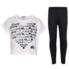 Girls Top Kids Love Print Stylish Crop Top & Fashion Legging Set Age 7-13 Years