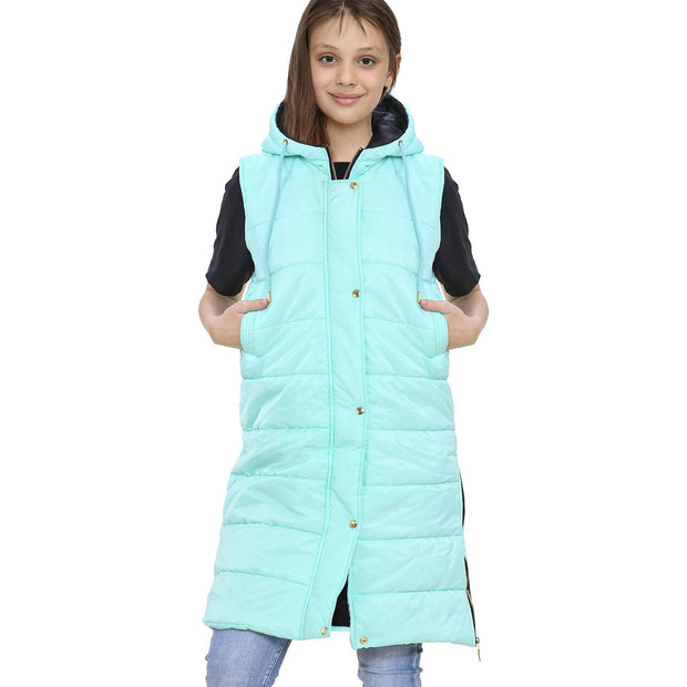 A2Z Kids Girls Fashion Oversized Hooded Quilted Gilet Mint Color Padded Long Line Vest Jacket Long Sleeveless Coat Urban Winter Wear Coat 7-13 Years