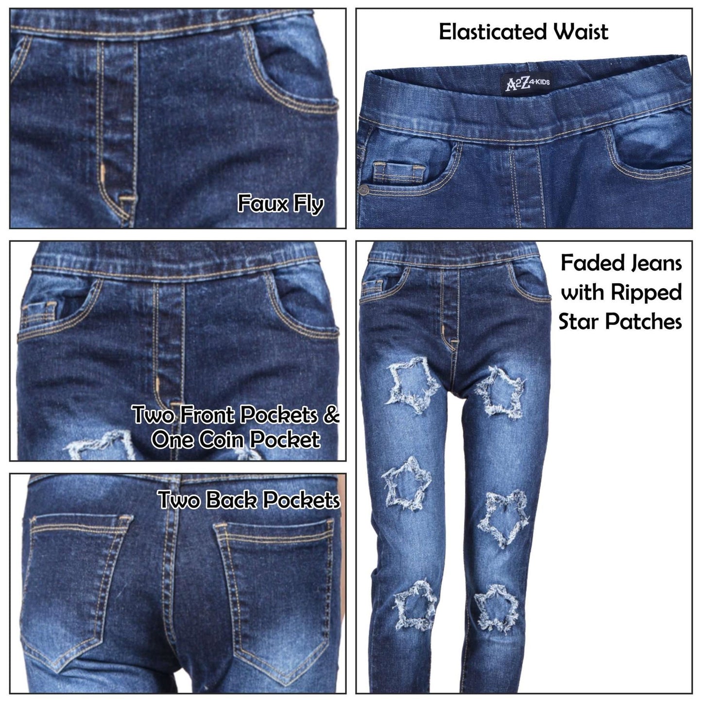 Kids Girls Denim Stars Ripped Jeans Comfort Stretchy Skinny Fashion Pants