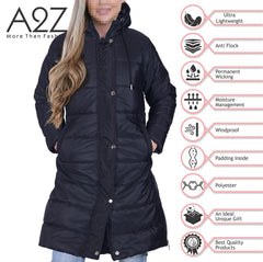 Ladies Adults Long Sleeve Oversized Navy Hooded Quilted Padded Coat Jacket