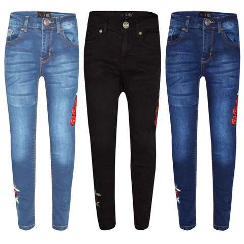 Girls Stretchy Jeans Kids Roses Print Denim Pants Trousers Jeggings 5-13 Years