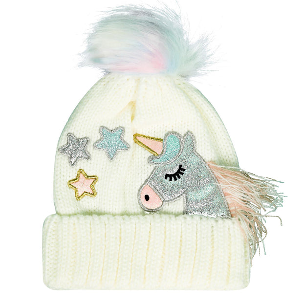 Kids Girls Cable Knit Hat Unicorn Embroided Bobble Baenie Pom Pom Soft Cosy Hat