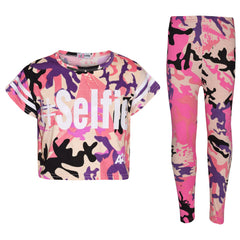 Girls Tops Kids Designer's #Selfie Camouflage Print Crop Top Legging Set 5-13 Yr