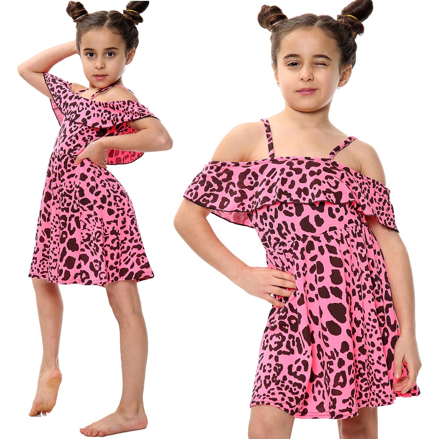 Kids Girls Skater Dress Leopard Print Summer Party Off Shoulder Dress 5-13 Years