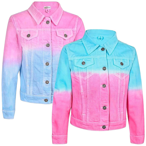 Kids Girls Fashion Denim Blue Jacket Long Sleeve Acid Wash Tie Dye Printed Gifts