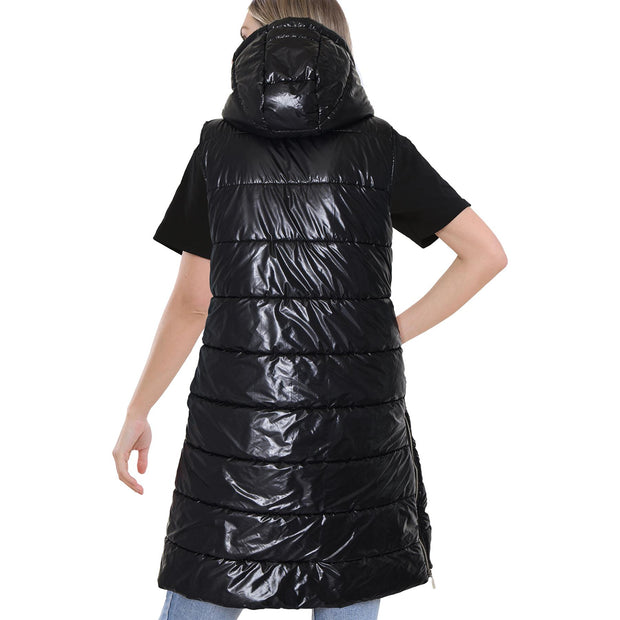 Ladies Sleeveless Gilet Oversized Hooded Quilted Gilet Padded Long Line Coat