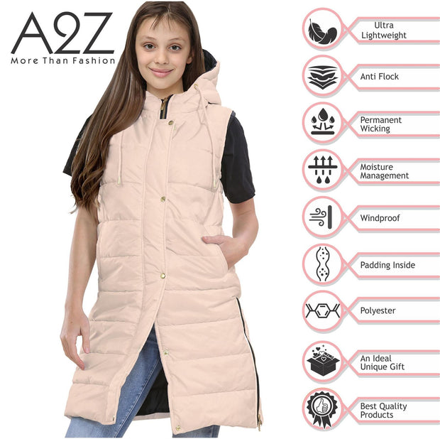 A2Z Kids Girls Fashion Oversized Hooded Quilted Gilet Stone Color Padded Long Line Vest Jacket Long Sleeveless Coat Urban Winter Wear Coat 7-13 Years