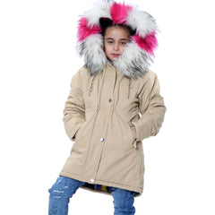 Kids Faux Fur Lined Parka Coat Rainbow Fur Hooded Jacket Girls Boys Age 2-13 Yrs
