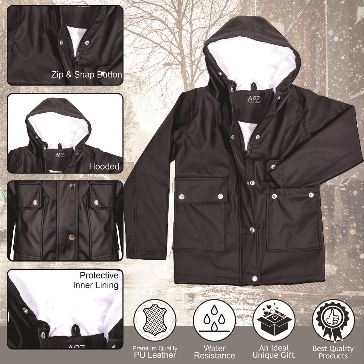 PU Raincoat Jacket Windbreaker Waterproof Parka Hooded For Girls Boys Age 5-13 Years