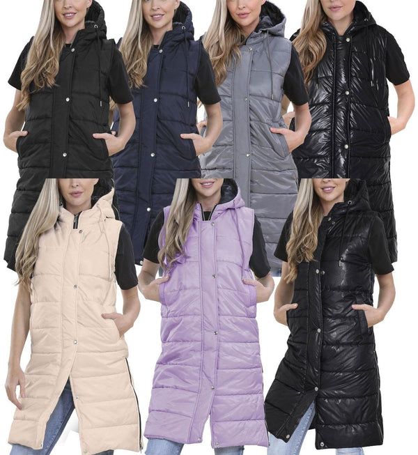 Ladies Sleeveless Gilet Oversized Hooded Quilted Gilet Padded Long Line Coat