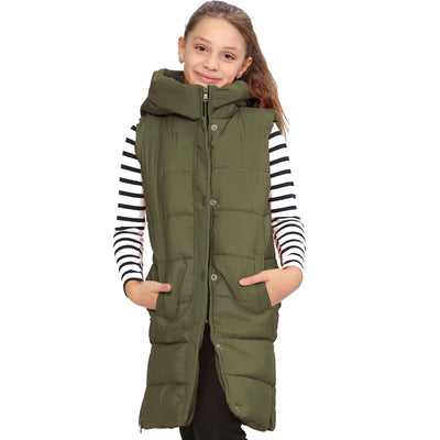 A2Z Kids Down Vest Oversized Khaki Long Sleeveless Hooded Quilted Gilet Padded Long Line Vest Jacket Coat For Girls 7-13 Years