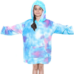 Kids Girls Boys Oversized Hoodie Blue Tartan Printed Snuggle Soft Fleece Blanket