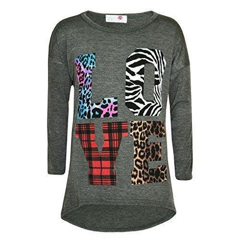 Kids Girls T Shirt LOVE Tartan Zebra Leopard Print Trendy Fashion Top 7-13 Years