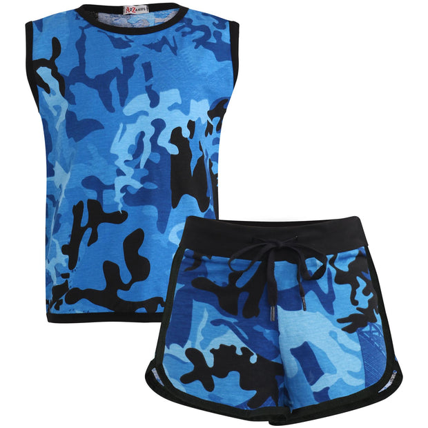 A2Z 4 Kids Girls Vest Top And Shorts 100% Cotton Camouflage Blue Taped Fashion Summer Vests Hot Pant Short Outfit Set New Age 5 6 7 8 9 10 11 12 13 Years