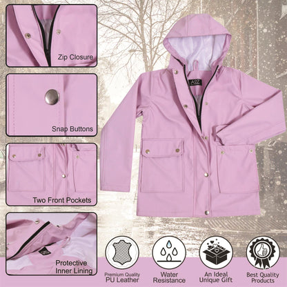 PU Raincoat Jacket Windbreaker Waterproof Parka Hooded For Girls Boys Age 5-13 Years