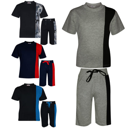 Kids Boys T Shirt Shorts 100% Cotton Contrast Panel Top Summer Short Set 5-13 Yr