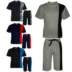 Kids Boys T Shirt Shorts 100% Cotton Contrast Panel Top Summer Short Set 5-13 Yr