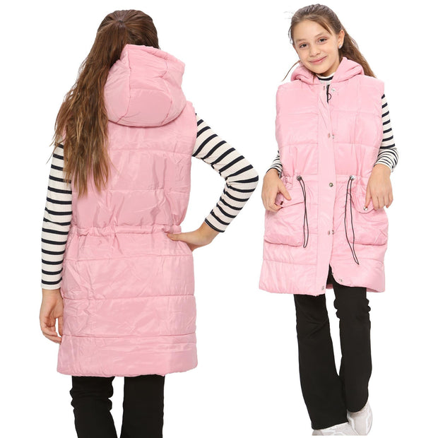 A2Z Kids Girls Down Vest Fashion Oversized Pink Hooded Quilted Gilet Padded Long Line Vest Jacket Long Sleeveless Coat Urban Winter Wear Age 7-13 Years