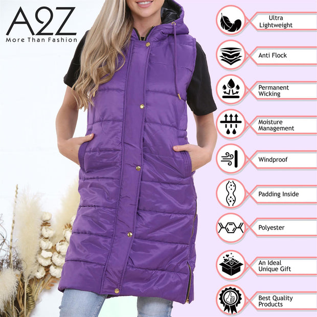 A2Z Ladies Adults Sleeveless Gilet Oversized Hooded Purple Quilted Gilet Padded Long Line Vest Jacket Sleeveless Coat Urban Winter Wear