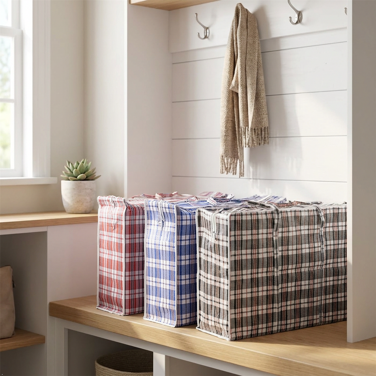 A2Z Large Plastic Shopper Storage Bag Check Zip Holdall 23 x 18 Inch