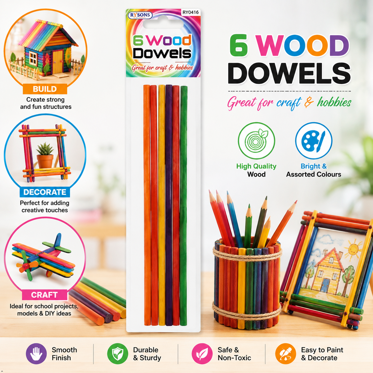 A2Z Wooden Dowels Craft Rods Natural Timber Sticks For Diy Hobby Projects