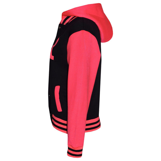 A2Z 4 Kids Girls Black & Neon Pink Baseball Tracksuit NYC Varsity Style Jacket & Trouser Sports Hoodie Bottom Joggers Age 2 3 4 5 6 7 8 9 10 11 12 13 Years