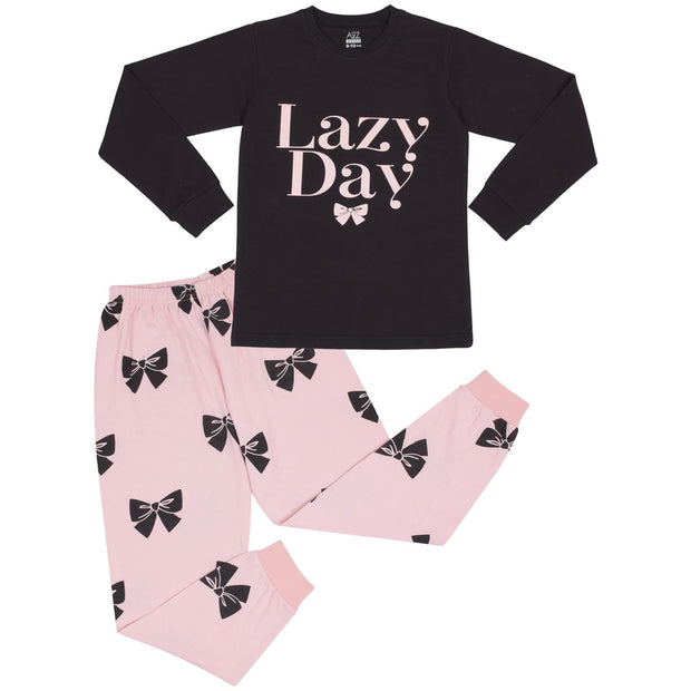 A2Z 4 Kids Girls Pyjamas Children PJs 2 Piece Set Lazy Day Print Black Lounge Suit for Children Top Bottom Pyjamas Loungewear Gifts Age 2-3, 3-4, 5-6, 7-8, 9-10, 11-12 & 13 Years - A2Z 4 Kids