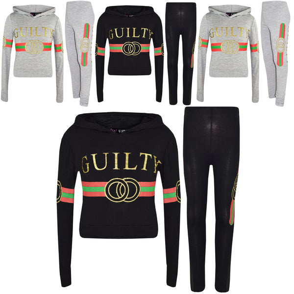 Kids Girls Guilty Print Hooded Crop Top T Shirt Legging Lounge Wear Set 7-13 Yr