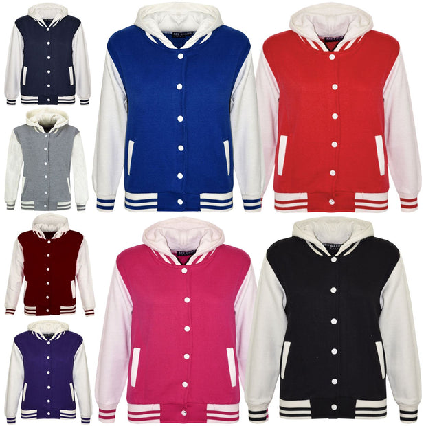 kids Girls Boys B.B Plain Hooded Jacket Varsity Classic Baseball Style Coat 2-13