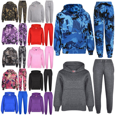 Kids Girls Boys Plain Tracksuit Hooded Hoodie Bottom Jog Suit Joggers 5-13 Years