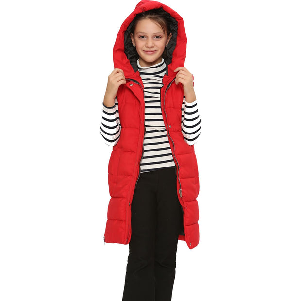 A2Z Kids Girls Down Vest Fashion Oversized Red Hooded Quilted Gilet Padded Long Line Vest Jacket Long Sleeveless Coat Urban Winter Wear