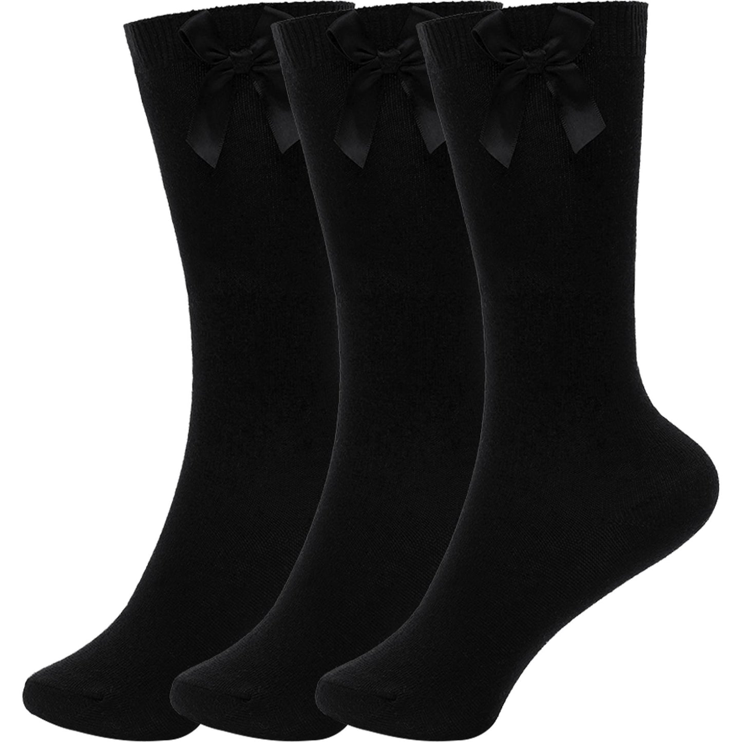 Kids Girls Plain Knee High Socks With Ribbon Bow Pack of 3 School Cotton Socks