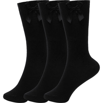 Kids Girls Plain Knee High Socks With Ribbon Bow Pack of 3 School Cotton Socks