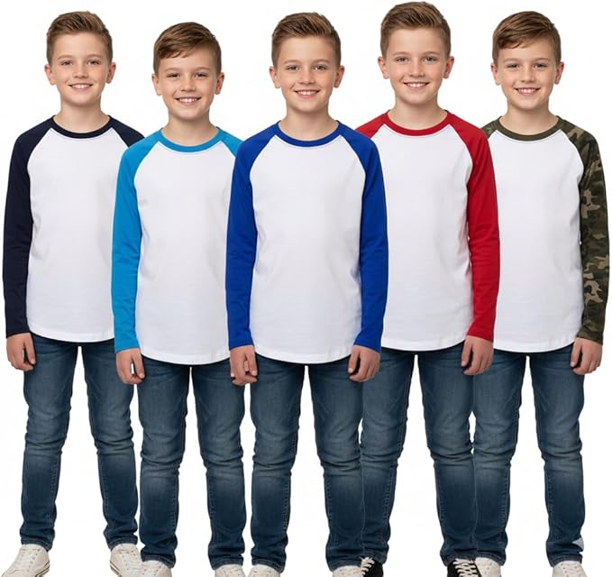 Kids Boys Girls T Shirts Plain Baseball Long Raglan Sleeves Sports Tees 2-13 Yrs