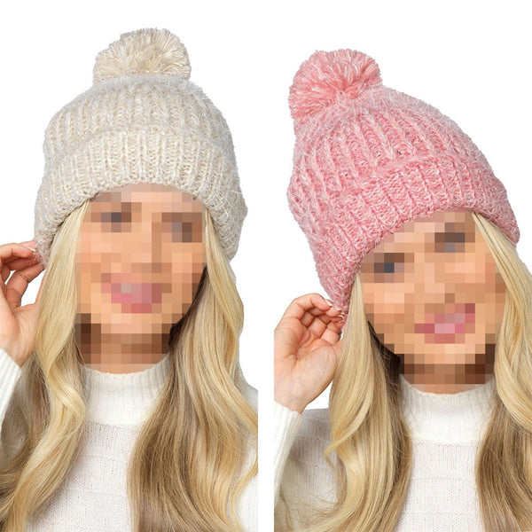 A2Z Ladies Hat Mohair Cable Knit Beanie Pom Pom Stretchy Winter Warm Cozy Hats