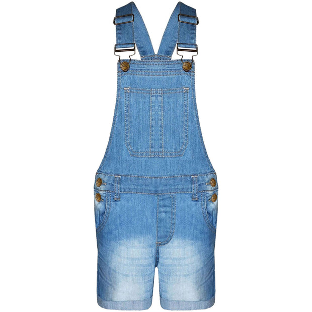 Kids Girls Denim Stretch Dungaree Shorts Jumpsuit Playsuit All In One 7-13 Years