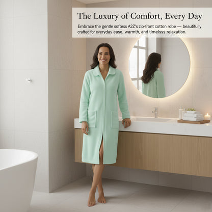 Ladies Towelling Bathrobe Front Zip Dressing Gown Long Sleeves & Deep Pockets
