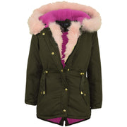 Kids Hooded Jacket Girls Fur Parka School Jackets Outwear Coat 5-13 Years