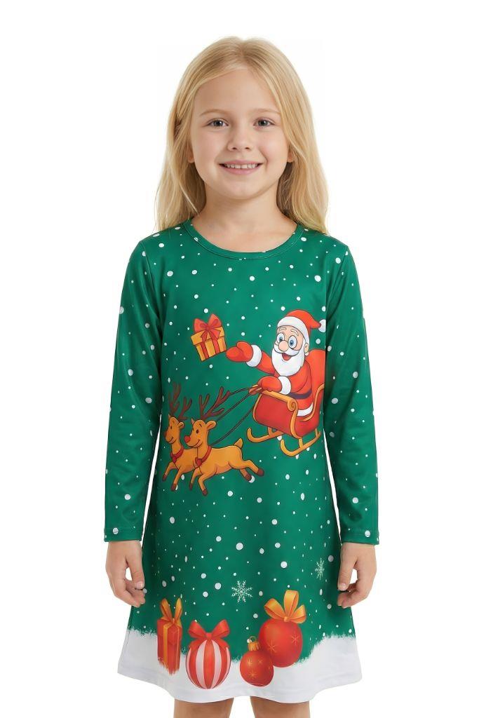 Girls Christmas Swing Dress Santa Sleigh Print Long Sleeve Party Dress Outfit