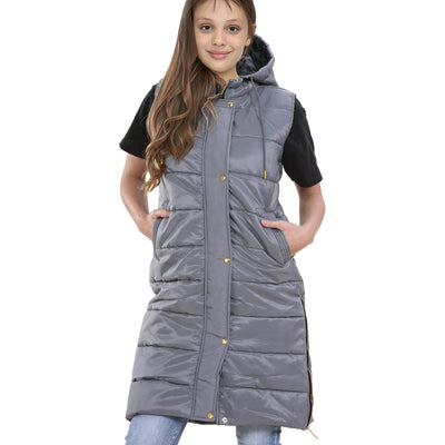 A2Z Kids Girls Fashion Oversized Hooded Quilted Gilet Steel Grey Color Padded Long Line Vest Jacket Long Sleeveless Coat Urban Winter Wear Coat 7-13 Years