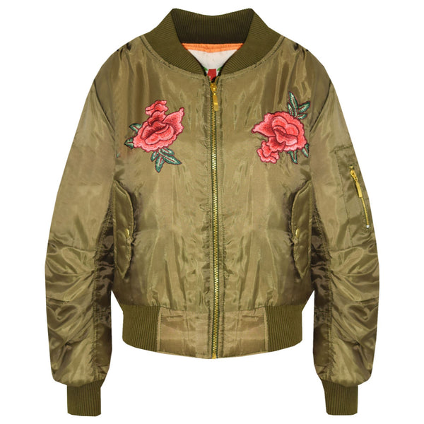 Girls Jacket Kids Roses Print Bomber Padded Zip Up Biker Jackets MA1 Coat 5-13 Y