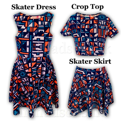 Kids Girls Orange & Blue Aztec Print Skater Skirt Midi Dress Crop Top Legging
