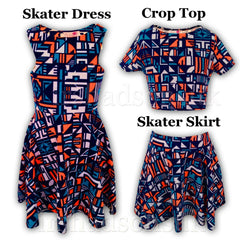 Kids Girls Orange & Blue Aztec Print Skater Skirt Midi Dress Crop Top Legging