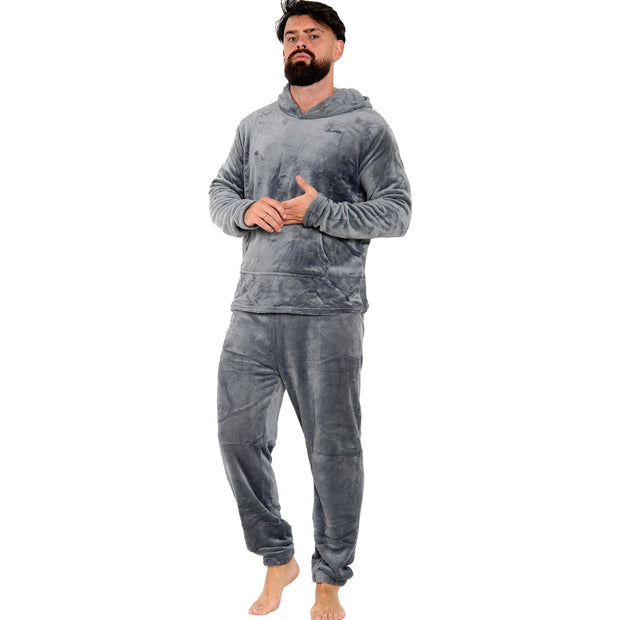 Mens Pyjamas Soft Warm Fleece Adults Hooded Pyjamas 2 Piece Gift Set For Mens