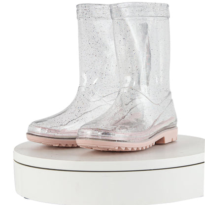 Toddlers Girls Wellies Crystal Clear Pink Glitter Waterproof Lightweight PVC