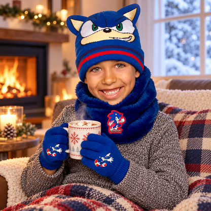 Sonic Boys Hat Gloves Snood Set Royal Blue Winter 3 Piece Officially Licensed