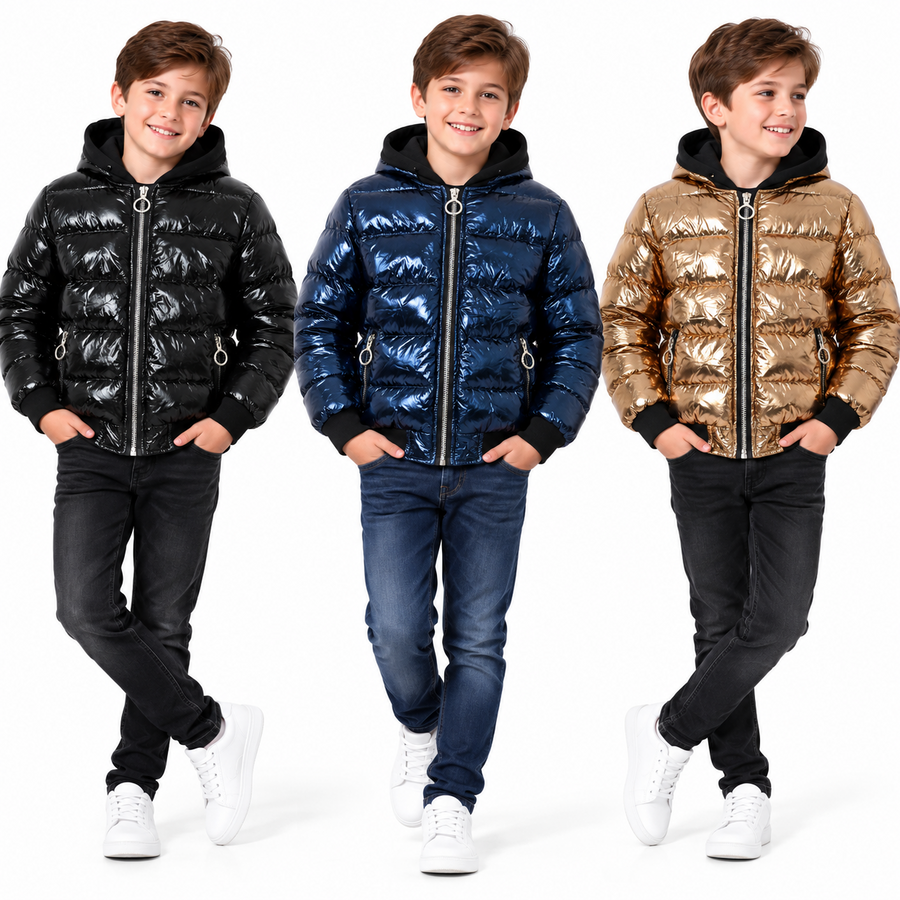 Kids Girls Boys Fashion Shiny Padded Jacket Metallic Wet Look Bubble Coat