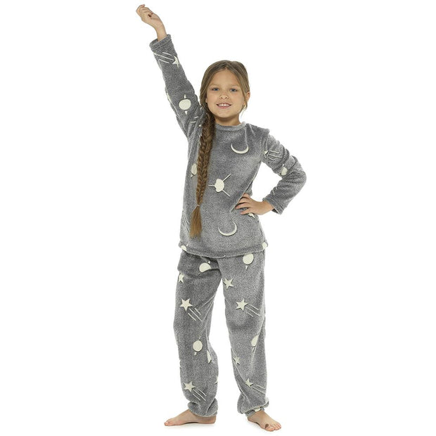 Kids Girls Boys Pyjamas Glow In The Dark Soft Flannel Fleece Sleepwear PJS Set