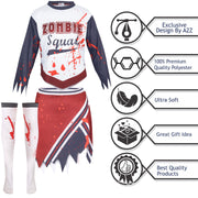 A2Z 4 Kids Girls Zombie Cheerleader Halloween Attire Top Shredded Sleeves Long Bloody Socks Cheerleading Pom Poms Outfit Halloween Parties and Trick or Treating - A2Z 4 Kids